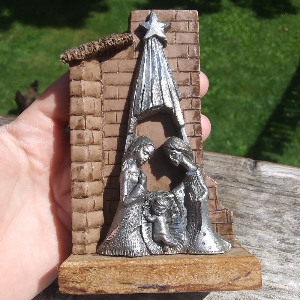Italy Pewter and mixed material Nativity Holy Family Manger figurine